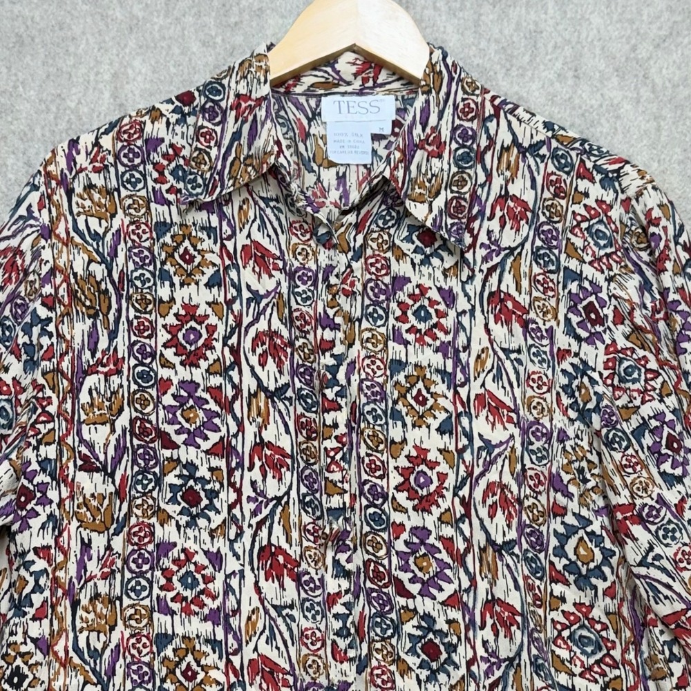 TESS Women Medium Multi Ikat Geometric Bohemian Vintage Silk Button Up Blouse